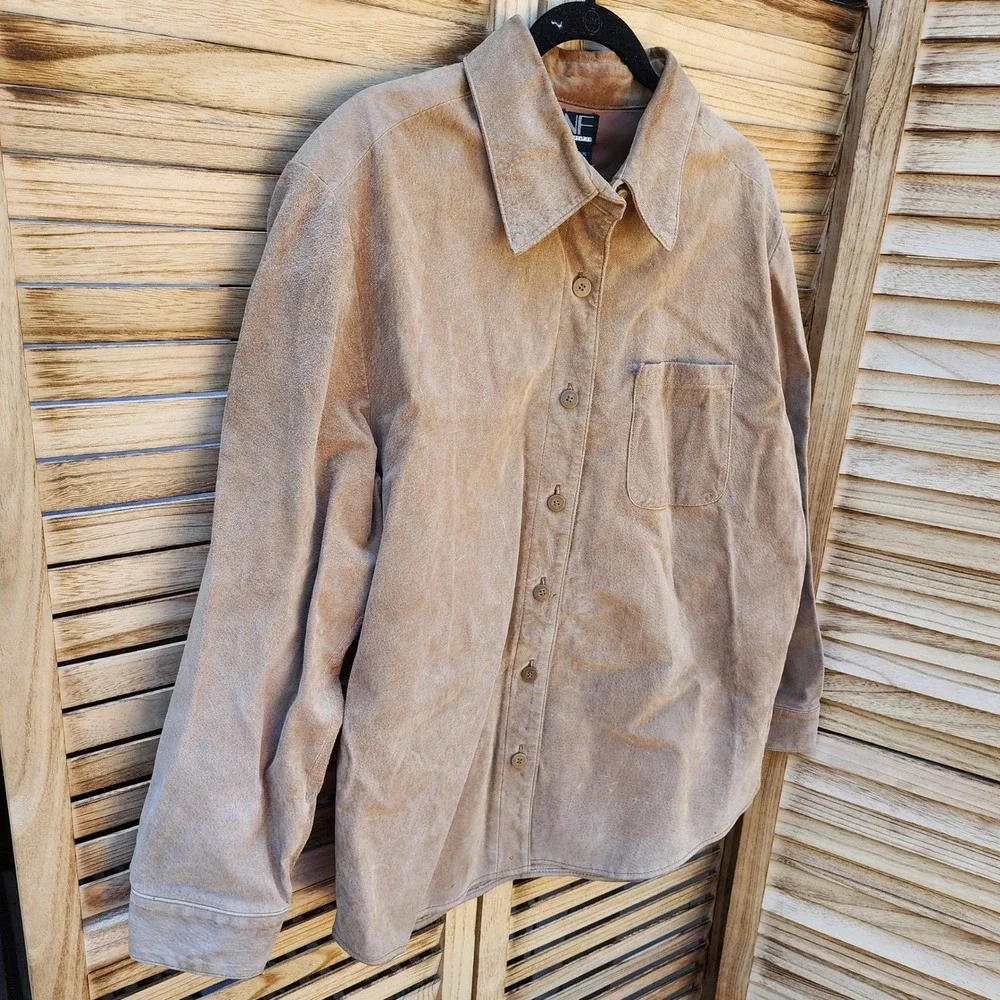 New Frontier Large Tan 100% Suede Leather Shirt Jacket Western Boho Minimalist